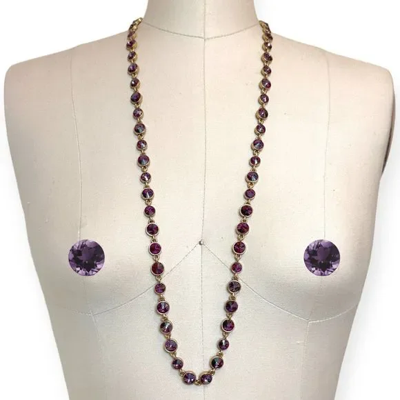 Vintage Amethyst Inlay Long Gold Tone Chain Necklace - Picture 6 of 8